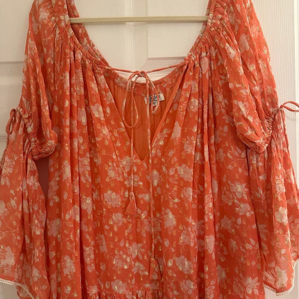 SUNDAY Saint Tropez Floral Coral Orange shimmer high low dress